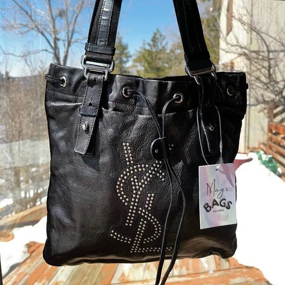 YSL: Studded Drawstring Leather Kahala Tote Bag - Picture 4 of 17